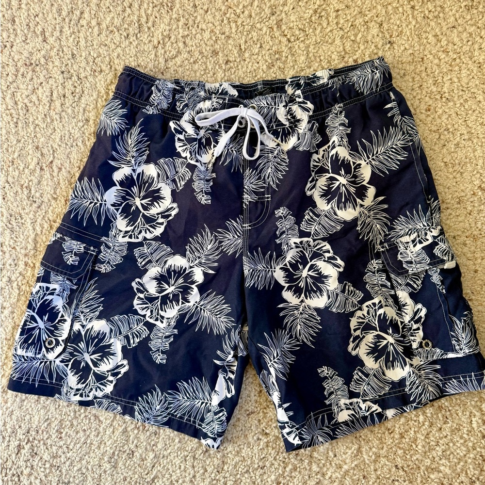 OP Dark Blue & White Floral Men's‎ Swim Board Shorts Large vacation beach